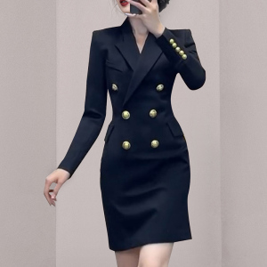 KM23349#黑色纽扣西装连衣裙早春女装2022年新款赫本风法式小黑裙气质裙子
