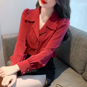 RM23003#秋季新款气质V领红色雪纺衫衬衫洋气长袖职业小衫上衣