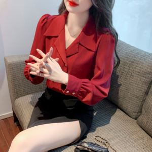 RM23003#秋季新款气质V领红色雪纺衫衬衫洋气长袖职业小衫上衣