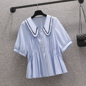 KM20621#时尚休闲短袖衬衫女2022面积新款设计感洋气减龄遮肚显瘦上衣
