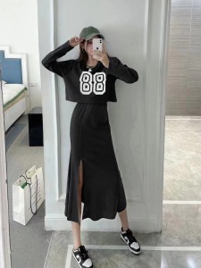 KM20957#韩版洋气印花短款遮肉上衣高腰开叉包臀鱼尾裙两件套潮
