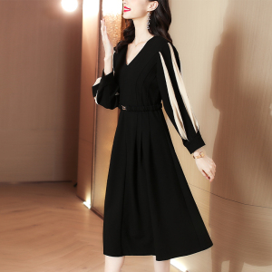 RM4157#贵夫人高端连衣裙长袖春季女装时尚新款大牌奢华妈妈高贵黑色裙子