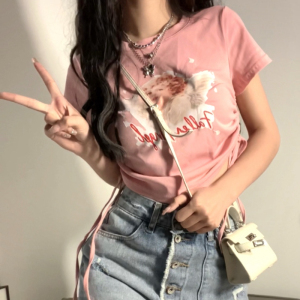 KM20623#韩版时尚夏季新款粉色棉质抽绳短款T恤女夏设计感短袖上衣女学生