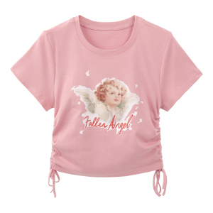 KM20623#韩版时尚夏季新款粉色棉质抽绳短款T恤女夏设计感短袖上衣女学生