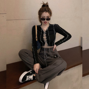 KM20627#韩版时尚秋季新款罗纹V领长袖T恤女修身显瘦抽绳设计气质上衣女潮