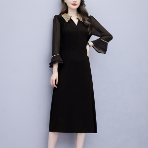 RM2439#大码女装 新款胖mm遮肚子雪纺小黑裙娃娃领显瘦连衣裙