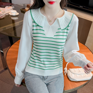 PS50572# 秋季新款假两件拼接针织衫条纹上衣 服装批发女装直播货源