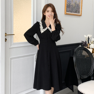 KM25080#轻宫廷风 复古华丽蕾丝领精致黑色系长款气质连衣裙秋季