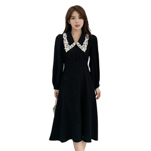KM25080#轻宫廷风 复古华丽蕾丝领精致黑色系长款气质连衣裙秋季