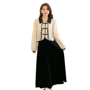 KM25082#韩版翻领蕾丝开衫中国结撞色衬衫显瘦丝绒半身裙两件套装裙子
