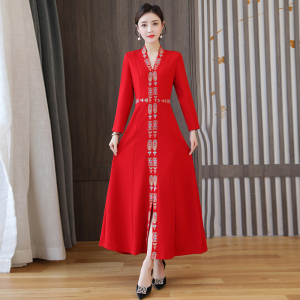 KM25956#民族风女装新款唐装中国风汉服红色改良版旗袍中式复古连衣裙