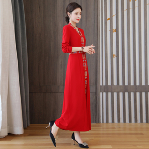 KM25956#民族风女装新款唐装中国风汉服红色改良版旗袍中式复古连衣裙