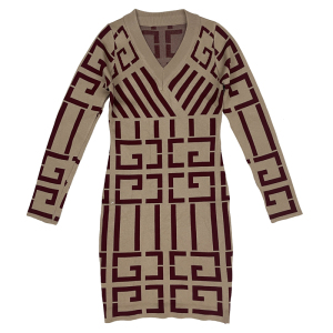 Long Sleeve Plaid contrast V-Neck Sweater knitting bag bottom dress