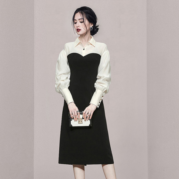 KM22510#韩版雪纺拼接撞色修身灯笼袖气质连衣裙