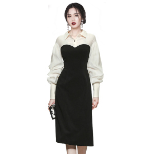 KM22510#韩版雪纺拼接撞色修身灯笼袖气质连衣裙