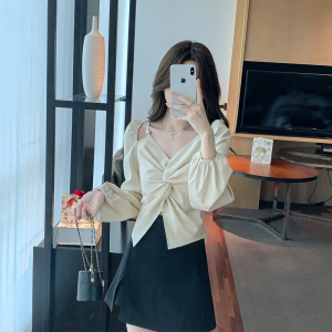 RM21638#法式复古高级感洋气长袖方领泡泡袖短款别致上衣女
