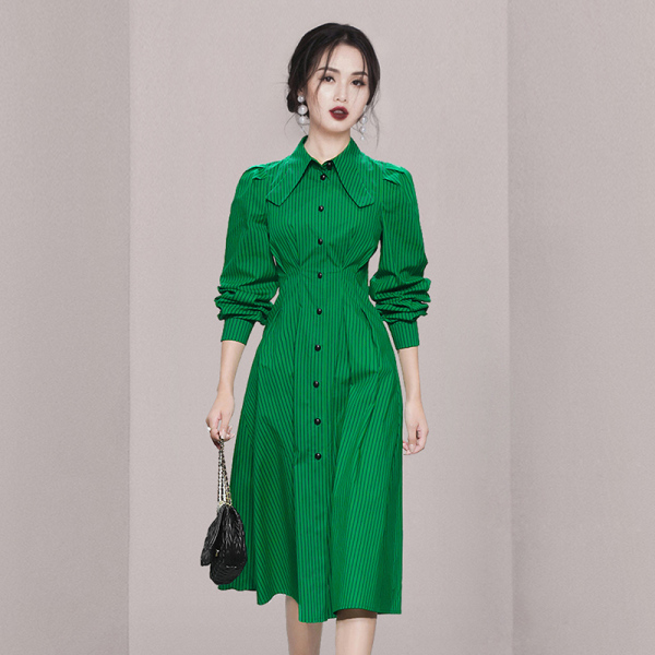 KM22511#韩版修身条纹定制长袖衬衫领连衣裙