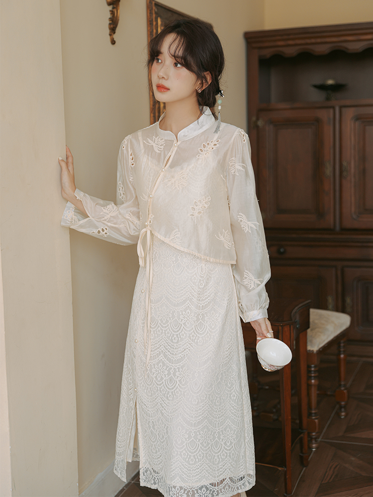 2026新中式刺繡國風立領連衣裙女兩件套改良旗袍少女兩件套裝裙