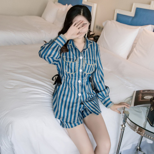 PS48344# 春装新款韩版中长款条纹衬衫休闲套装女短裤两件套潮 服装批发女装直播货源