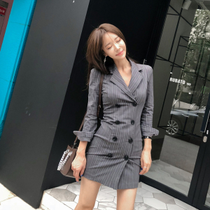 PS48174# 韩版新品修身西装领收腰条纹双排扣连衣裙 服装批发女装直播货源