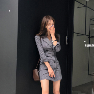 PS48174# 韩版新品修身西装领收腰条纹双排扣连衣裙 服装批发女装直播货源