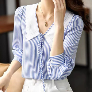 KM26578#撞色翻领设计感经典蓝白条纹系带衬衫长袖上衣女