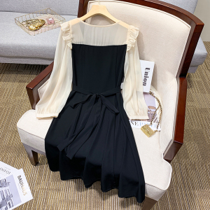 KM24200#新款法式方领拼接收腰显瘦高级感气质连衣裙
