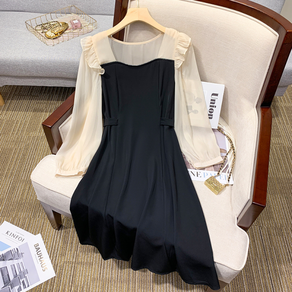 KM24200#新款法式方领拼接收腰显瘦高级感气质连衣裙
