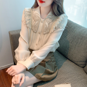RY1478#双层重工刺绣娃娃领长袖t恤早秋新款设计感小众雪纺衫上衣