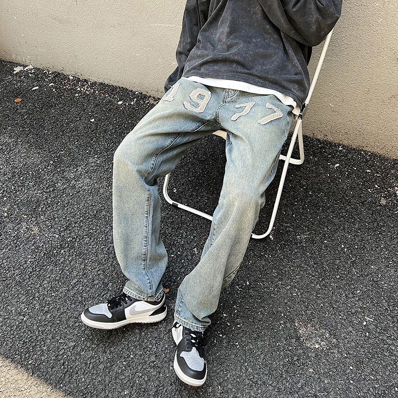 實拍2025春季美式潮牌高街刺繡牛仔褲男直筒寬松懷舊水洗牛仔長褲