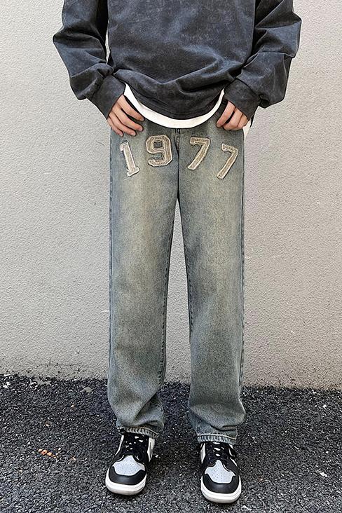 實拍2025春季美式潮牌高街刺繡牛仔褲男直筒寬松懷舊水洗牛仔長褲