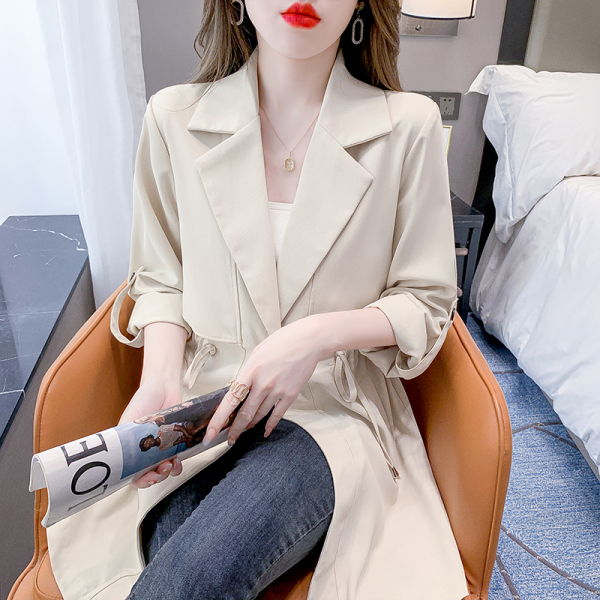KM21429#韩版气质西装领薄款风衣纯色宽松中长款休闲外套