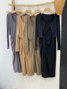 PS48847# 冰丝罗纹女秋季新款长袖开衫+吊带裙两件套装长裙子 服装批发女装直播货源