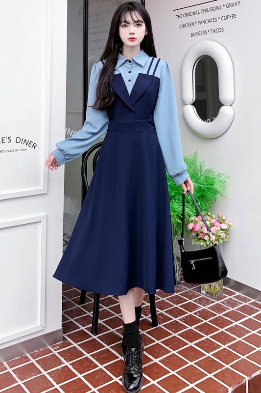 Plus size women's spring and autumn niche design Hepburn style French waist slimming splicing fake two-piece dress