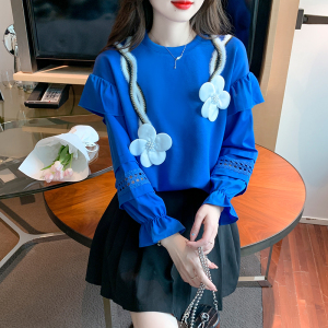 KM23060#秋季新款花朵设计感镂空拼接喇叭长袖卫衣女韩版宽松上衣