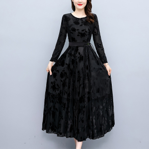 RM2890#黑色连衣裙女气质显瘦2022秋季新款时尚减龄长款大摆到脚踝超长裙