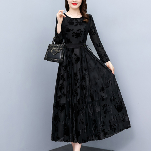 RM2890#黑色连衣裙女气质显瘦2022秋季新款时尚减龄长款大摆到脚踝超长裙