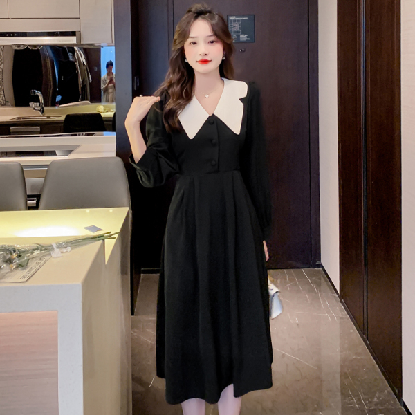 KM25027#新款韩系撞色翻领气质显瘦纯色中长款连衣裙长袖小黑裙