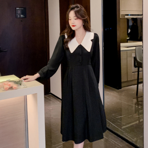 KM25027#新款韩系撞色翻领气质显瘦纯色中长款连衣裙长袖小黑裙