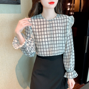RM22684#新款法式复古格子真丝灯笼袖衬衫女高级感减龄漂亮小衫
