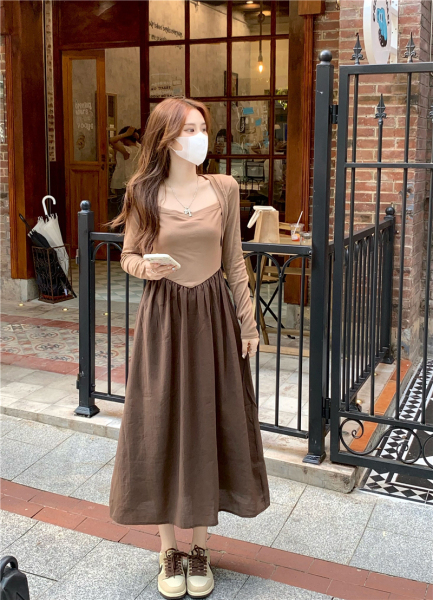 KM21566#韩系拼接设计感方领高腰宽松长袖连衣裙