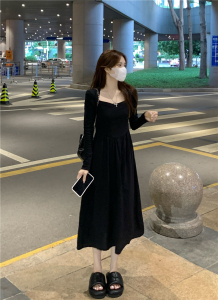 KM21566#韩系拼接设计感方领高腰宽松长袖连衣裙