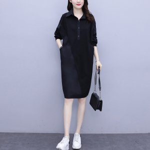 KM22680#春夏新款大码宽松中长款显瘦连衣裙文艺黑色复古裙子