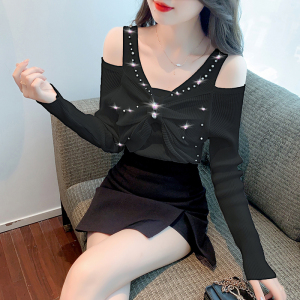 RM677#针织衫修身镶钻重工蝴蝶结镂空设计感上衣女装新款甜美