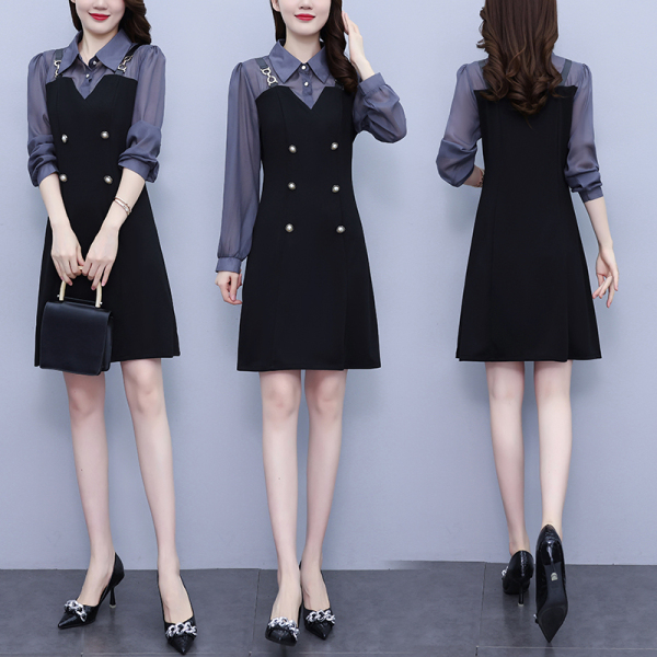 KM21142#大码女装2022秋季新款韩版修身显瘦气质小香风假两件连衣裙