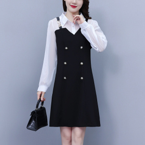 KM21142#大码女装2022秋季新款韩版修身显瘦气质小香风假两件连衣裙