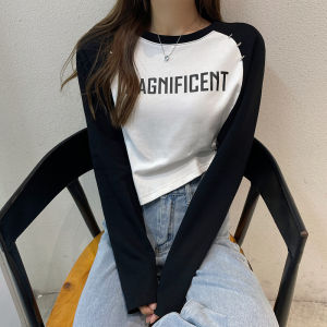 PS51019# 韩版短款字母印花T恤女设计感拼接长袖个性露脐上衣 服装批发女装直播货源
