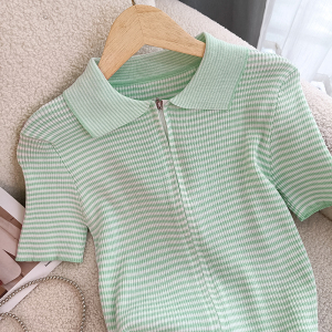 PS49461# 绿色条纹Polo领正肩针织短袖t恤女夏拉链上衣设计感小众短款体恤