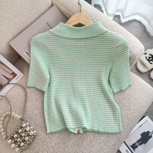 PS49461# 绿色条纹Polo领正肩针织短袖t恤女夏拉链上衣设计感小众短款体恤