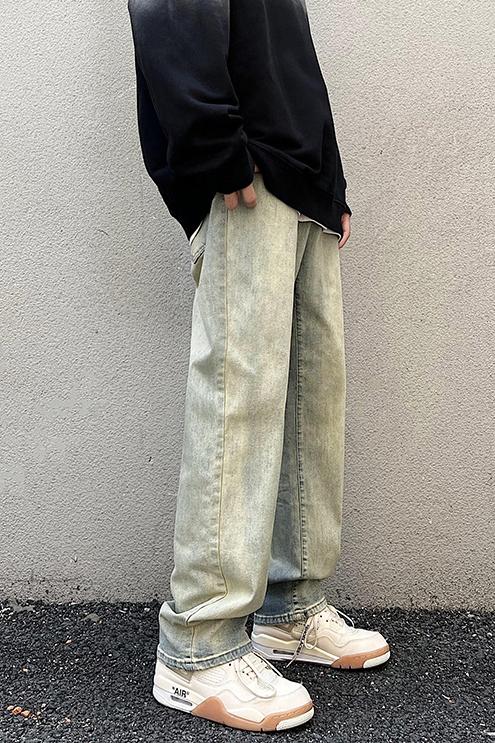 實拍春季美式高街黃泥染懷舊彈力牛仔褲男直筒潮牌印花百搭長褲